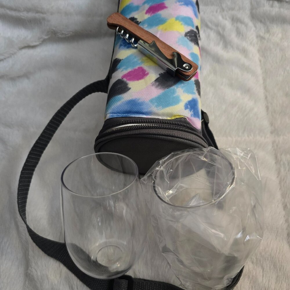 Insulated Wine Tote with Two Wine Glasses & Corkscrew